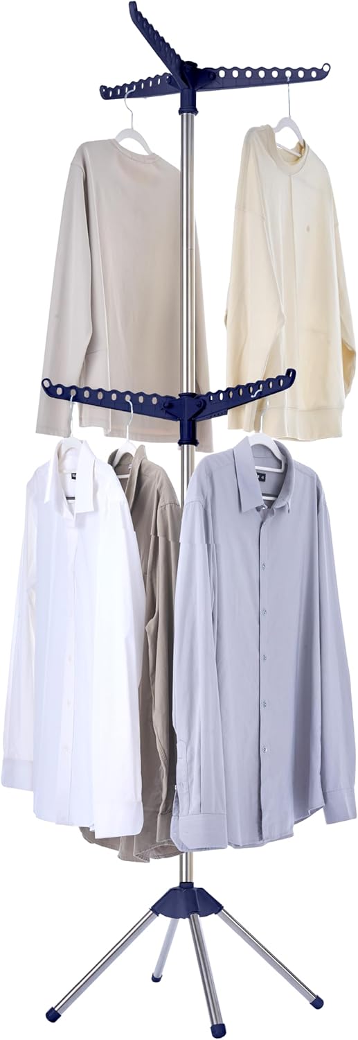 Clothes Drying Rack Foldable, 74.8 inch 2 Tier Laundry Drying Rack with Rotating Clothes Rail for 54 Pieces of Clothes, Space Saving, Indoor, Stainless Steel, Blue and Silver CDR002Q01