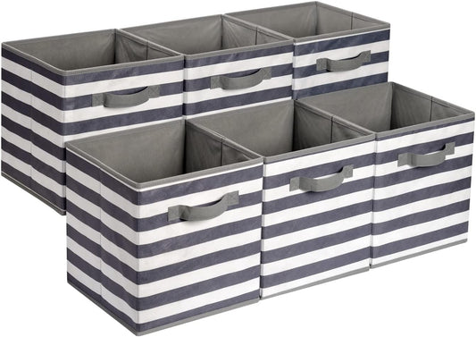 Amazon Basics Cube Organizer Storage Bins Handles, Collapsible Fabric, Pack of 6, 13"x13"x13", White/ Light Grey Stripe
