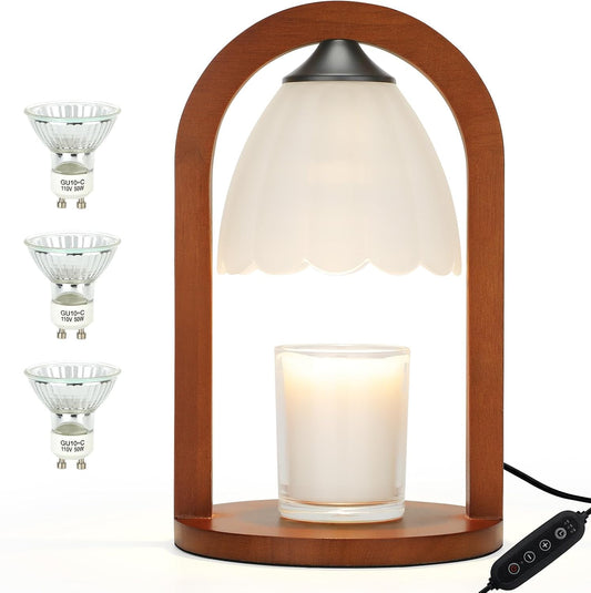 Candle Warmer Lamp with Timer and Dimmer，Electric Candle Lamp Warmer for Jar Candles，Birthday Gifts for mom and Women, Bedroom Home Decor，Melt Warmer for Scented Wax with 3 Bulbs( Retro Wooden Base)