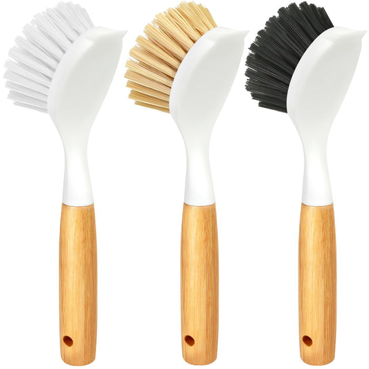 Holikme 3 Pack Dish Brush with Bamboo Handle Cleaning Brush,White Black