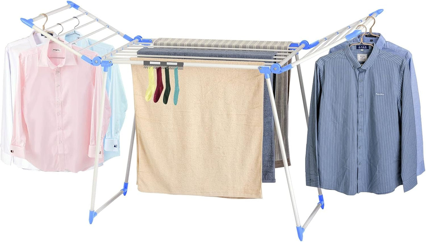 Clothes Drying Rack, Gullwing Laundry Rack, Collapsible, Space-Saving Laundry Rack, with Bonus Sock Clips, for Clothes, Towels, Linens, Indoor/Outdoor, Blue