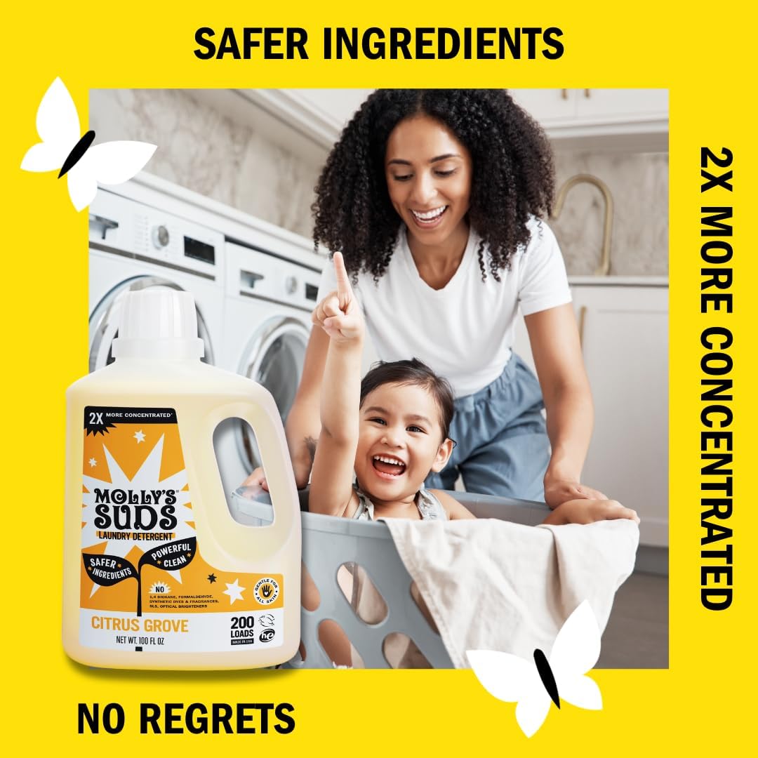 Molly's Suds Liquid Laundry Detergent | Clean Laundry Detergent Soap for Sensitive Skin | 2x Concentrated, High Efficiency (HE) (Citrus Grove - 200 Loads)
