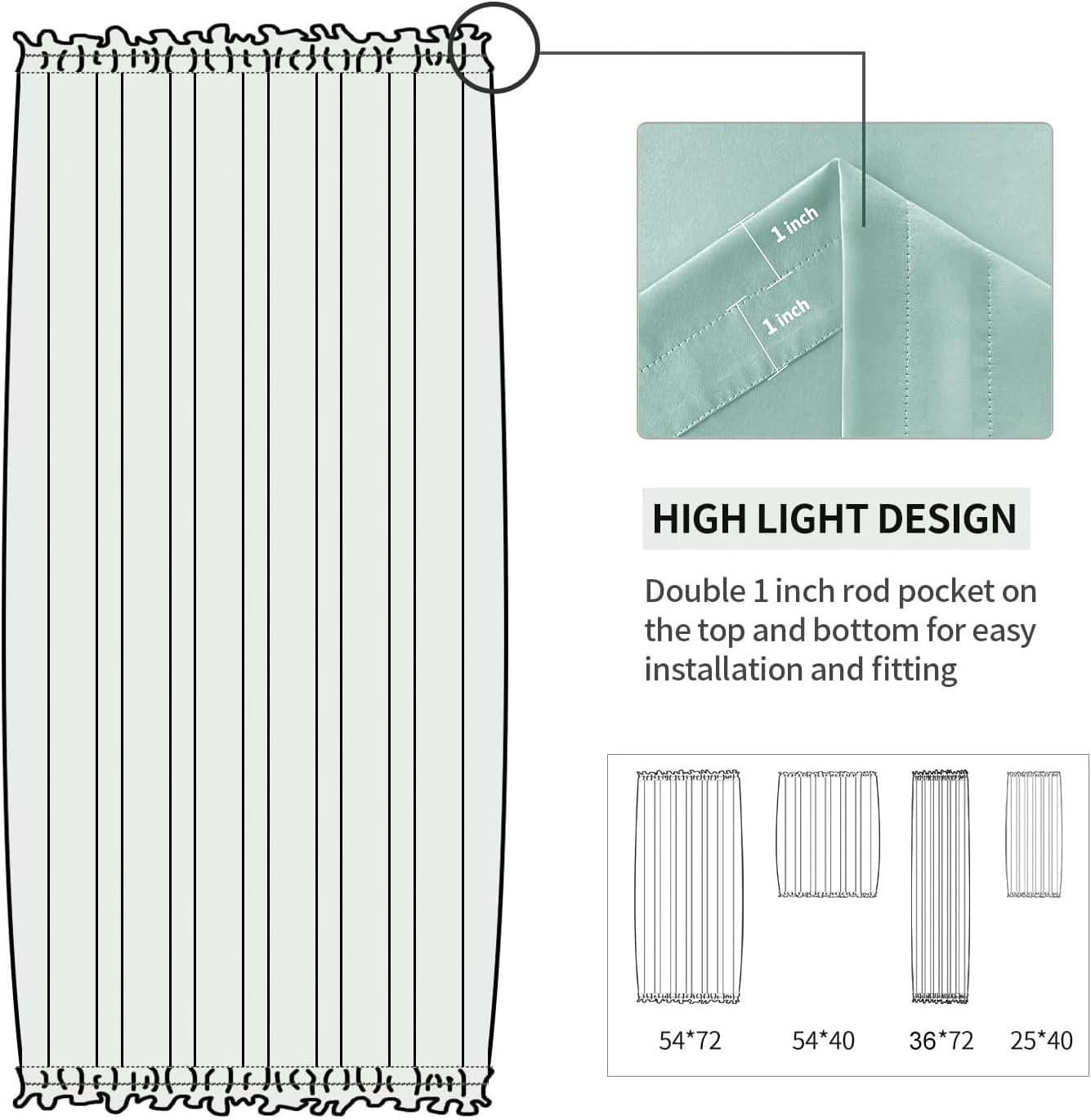 DWCN French Door Curtains – Rod Pocket Thermal Blackout Curtain for Window/Patio Doors/Doorways/Classroom/Kitchen for Privacy, 36W by 72L Inches, 1 Panel with Tieback, Mint Green