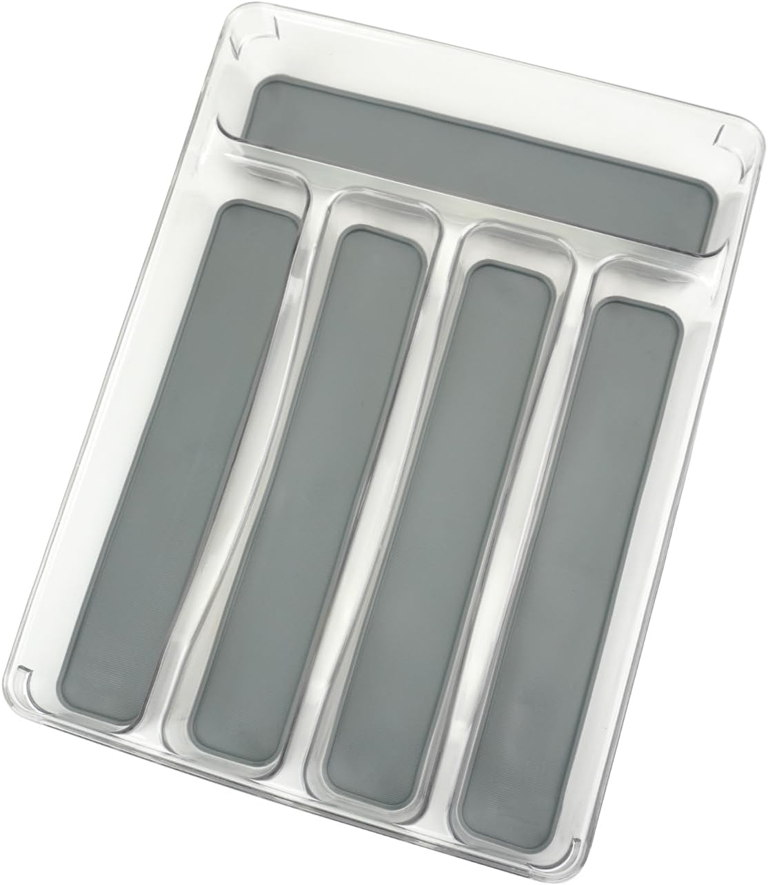 5 Compartments Silverware Tray for Drawer, Plastic Utensil Cutlery Drawer Organizer w/Grip Lining (Clear&Grey)