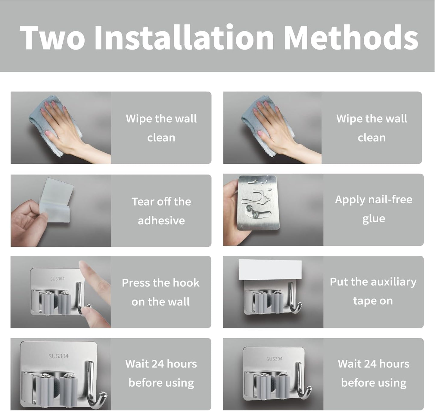 5 Pack Mop and Broom Holder Wall Mount, Silver Stainless Steel Mop and Broom Hanger with Hooks, Mop Broom Organizer for Closet Laundry Garage Garden Tool Organizer