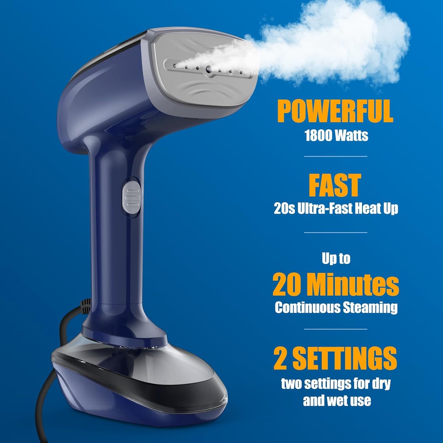 Powerful Handheld Fabric Steamer - 1800W with Fast Ceramic Heat-Up Plate, 2-in-1 Ironing & Wrinkle Remover, Steam Nozzle, Lint Brush - Blue, for US 120V Only
