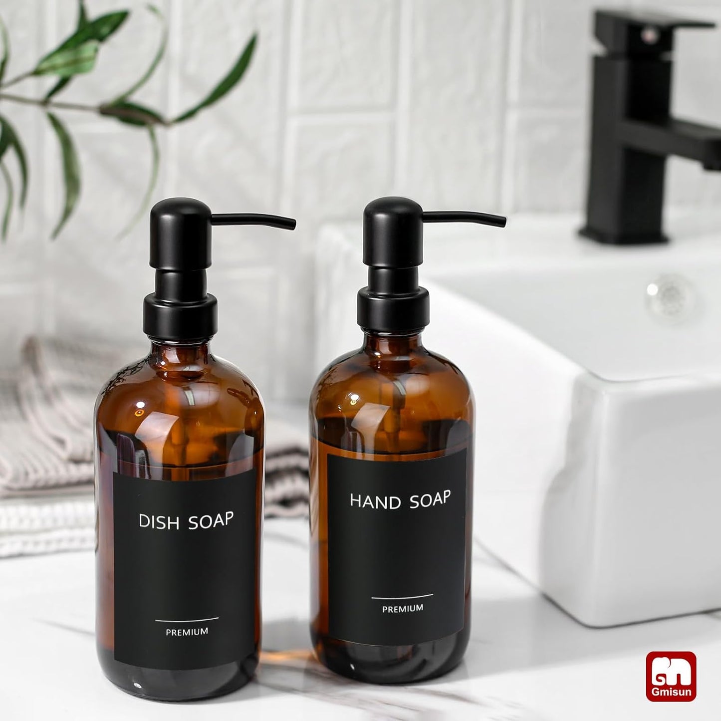 GMISUN Amber Glass Soap Dispenser, 2 Pack Bathroom Hand Soap Dispensers with Stainless Steel Pump, 17 Fl Oz Kitchen Hand and Dish Soap Dispenser Set, Modern Vintage Liquid Brown Soap Dispensers Bottle