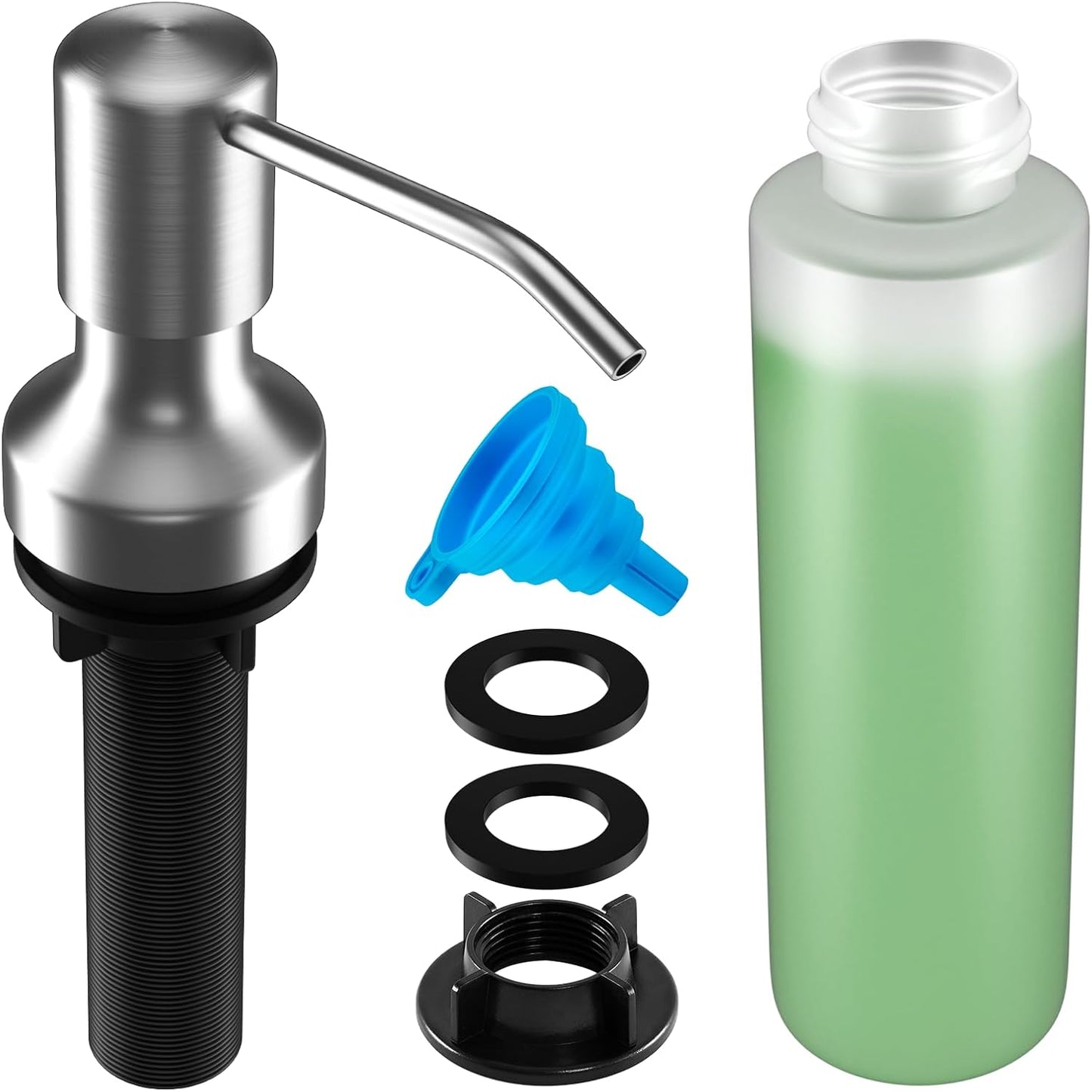 Soap Dispenser for Kitchen Sink, Kitchen Sink Soap Dispenser with 17 OZ Bottle, Refill from The Top Bar, Longer Threaded Shaft Shank, Wide Pump Head Base (Brushed Nickel)