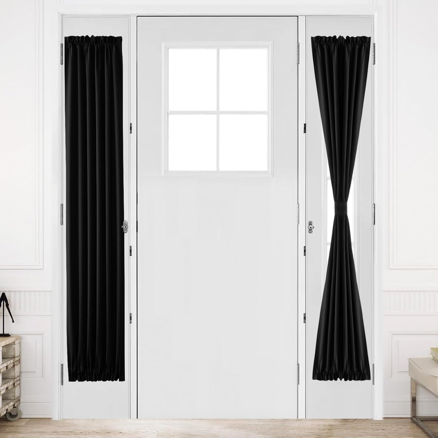 DWCN French Door Curtains – Rod Pocket Thermal Blackout Curtain for Window/Patio Doors/Doorways/Classroom/Kitchen for Privacy, 12W by 72L Inches, 1 Panel with Tieback, Black