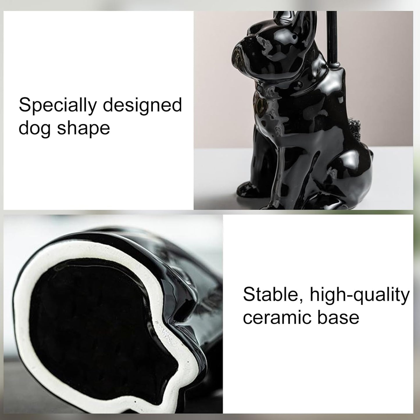 Comeon Ceramic Dog White/Black Toilet Brush and Holder Set, Plastic Handled Scrub Brush for Bathroom Cleaning,13.7"*6.3" (Black)