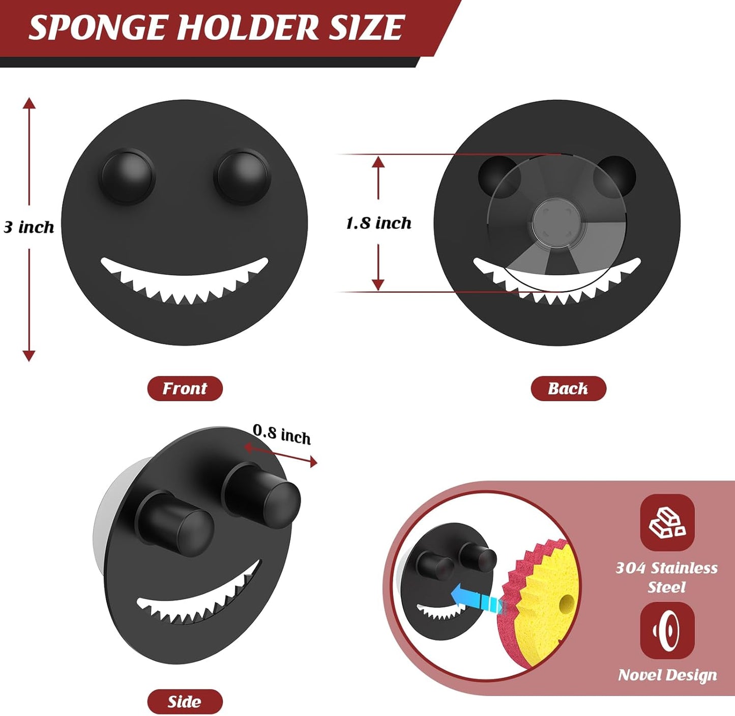 Sponge Holder for Kitchen Sink,Sink Caddy Organizer with Suction Cup Installation for Kitchen/Bathroom, Self Draining,Sponge Caddy for Holding Smiley Sponges-Black