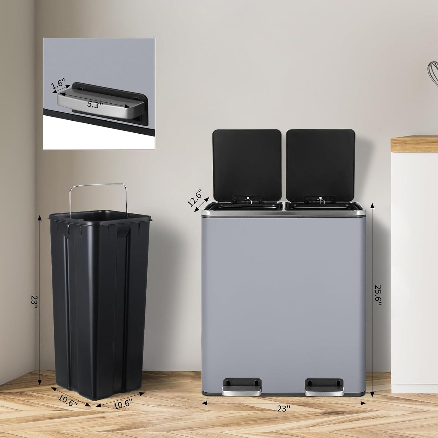 16 Gallon Rectangular Stainless Steel Trash Can, Dual Compartment Garbage Bin with Recycling Combo, Metal Dustbin Lid, Removable Liner, Indoor Hands Free Waste Bucket for Kitchen Home