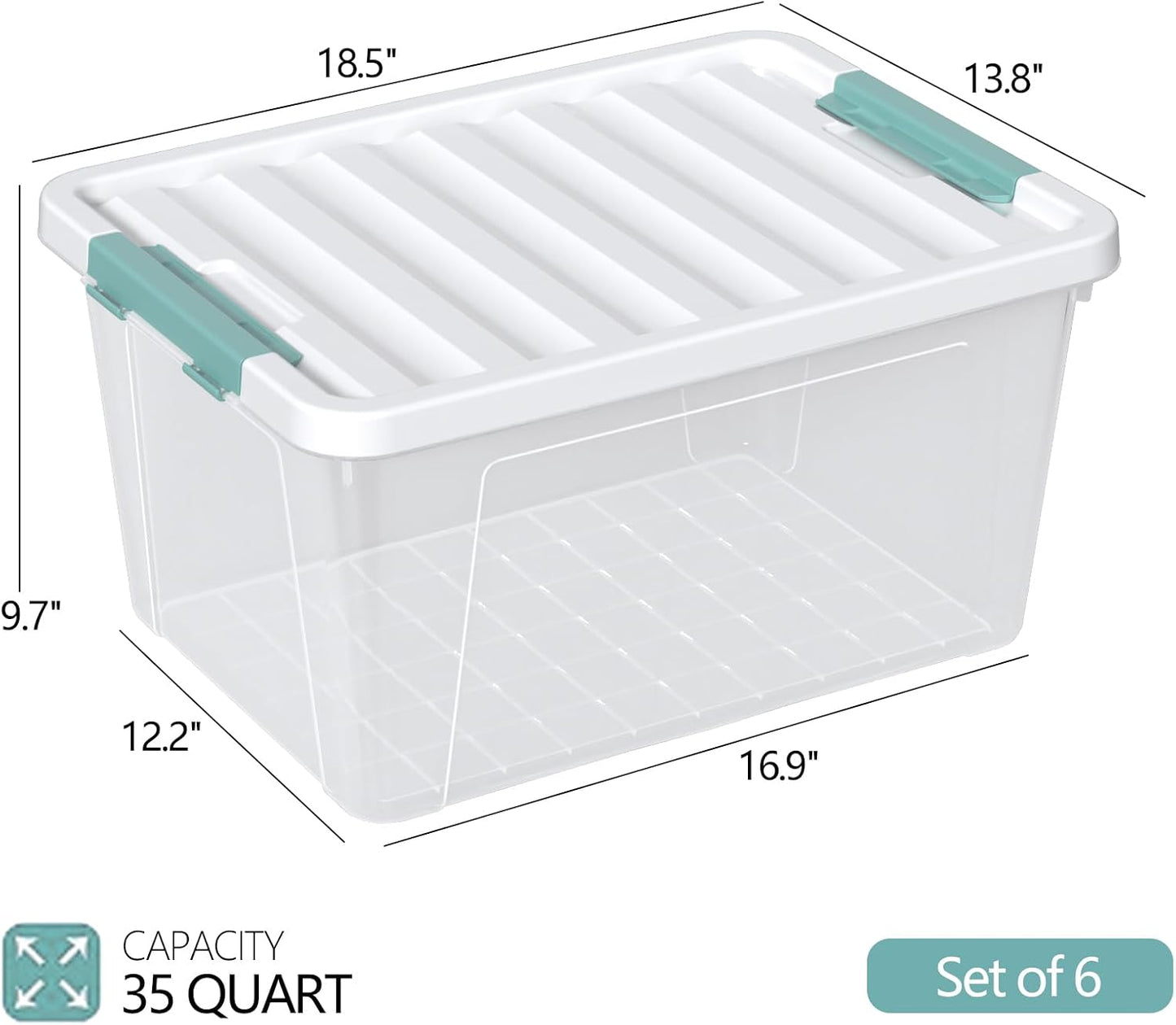 Zopnny 6-Pack 35 Quart Plastic Latch Storage Box with Lid, Stackable Latching Storage Bin, Clear