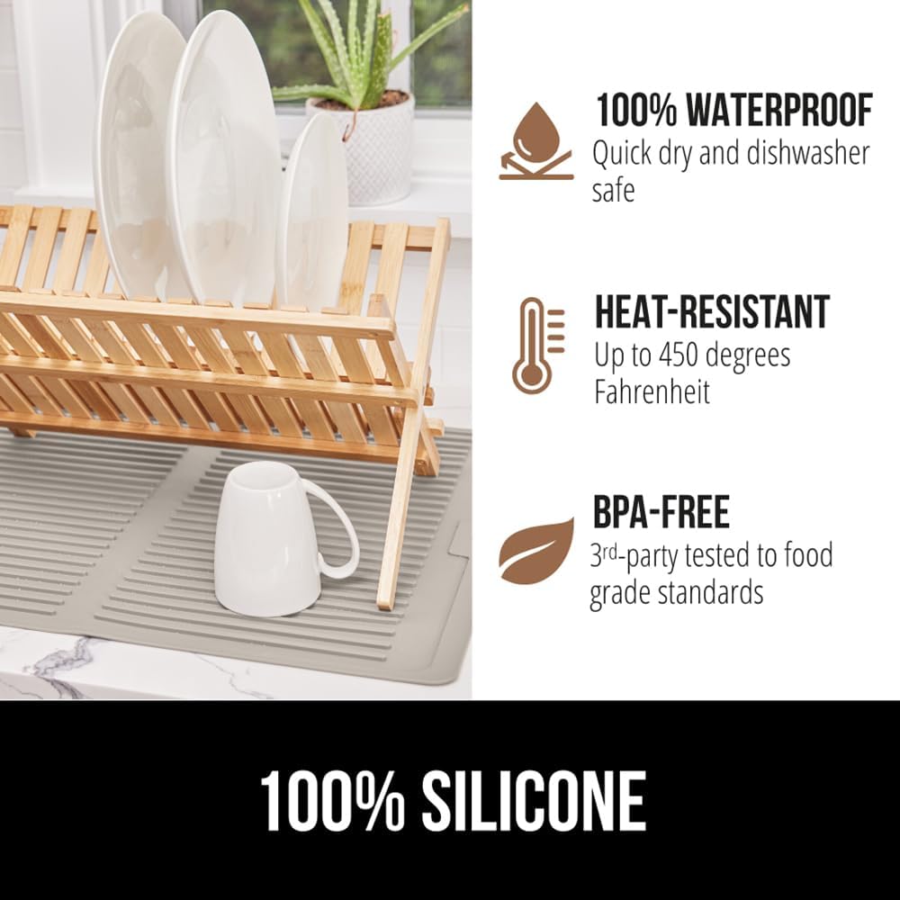 GORILLA GRIP 100% BPA-Free Patented Silicone Dish Drying Mat for Kitchen Counter, 18x24 Inch, Water Catching Ribbed Design, Easy Clean Waterproof Sink Liner, Heat Resistant, Fits Under Rack, Almond