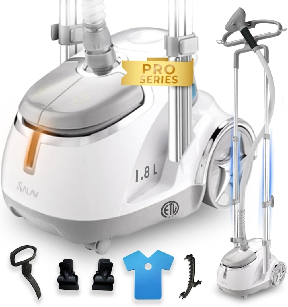 SALAV GS45-DJ Professional Upright Garment Steamer with Roll Wheels, Multi-Function Extra Wide Hanger, Fabric Brush & Mini Ironing Paddle, 1500 watts, Silver