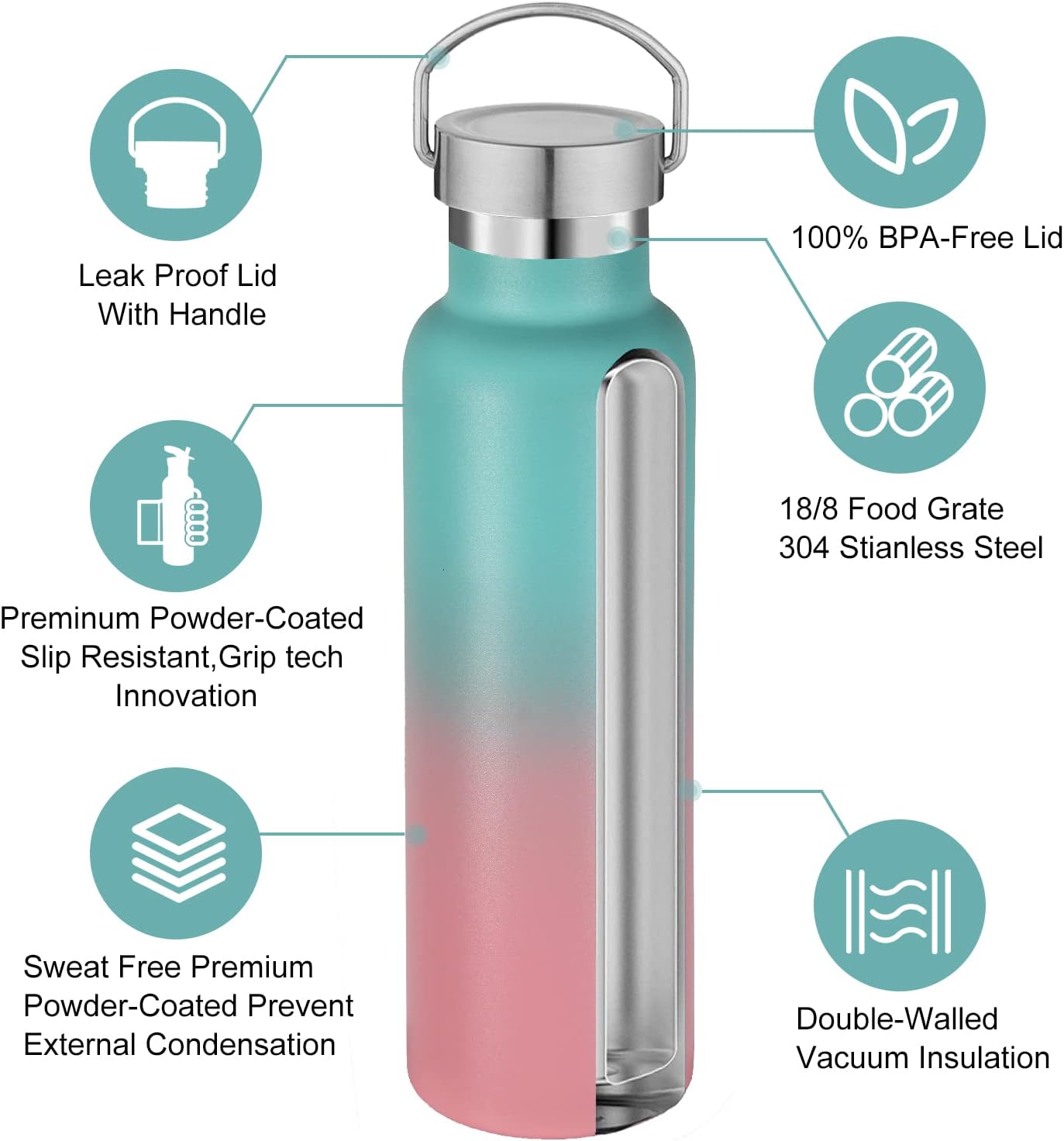 Neihepal Gradient Stainless Steel Water Bottles,20 Ounce Vacuum Insulated Double Wall Travel Bottle with Leak Proof Lid of Handle,Metal Reusable Standard Mouth Flask Thermoses for School,Hikers,Gift