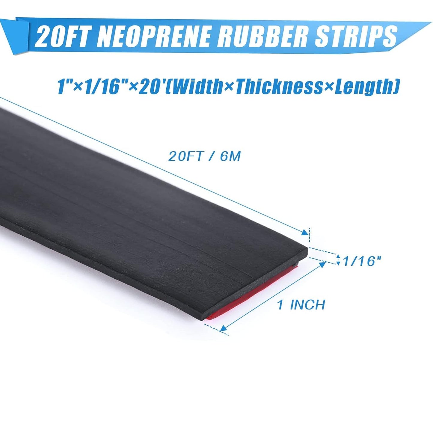 Adhesive Rubber Strips Neoprene Rubber Sheets, Rolls & Strips with Adhesive Backing Rubber Pads Self Stick Seal Gasket Sticky Back for Matting Padding - 1" Wide x 1/16" Thick x 20' Long