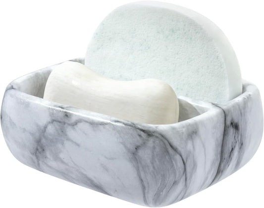 MyGift 5.4 Inch Deluxe Modern White Marble Pattern Resin Double Sponge Holder, Kitchen Sink Countertop Dish Cleaning Sponges or Scrubbing Pads Bowl with 2 Compartments