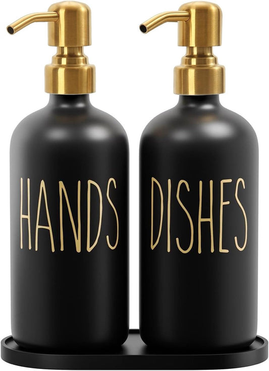 MOMEEMO Kitchen Soap Dispenser Set, Contains Hand and Dish Soap Dispenser, Suitable for Black and Gold Kitchen Decor. (Black & Gold)