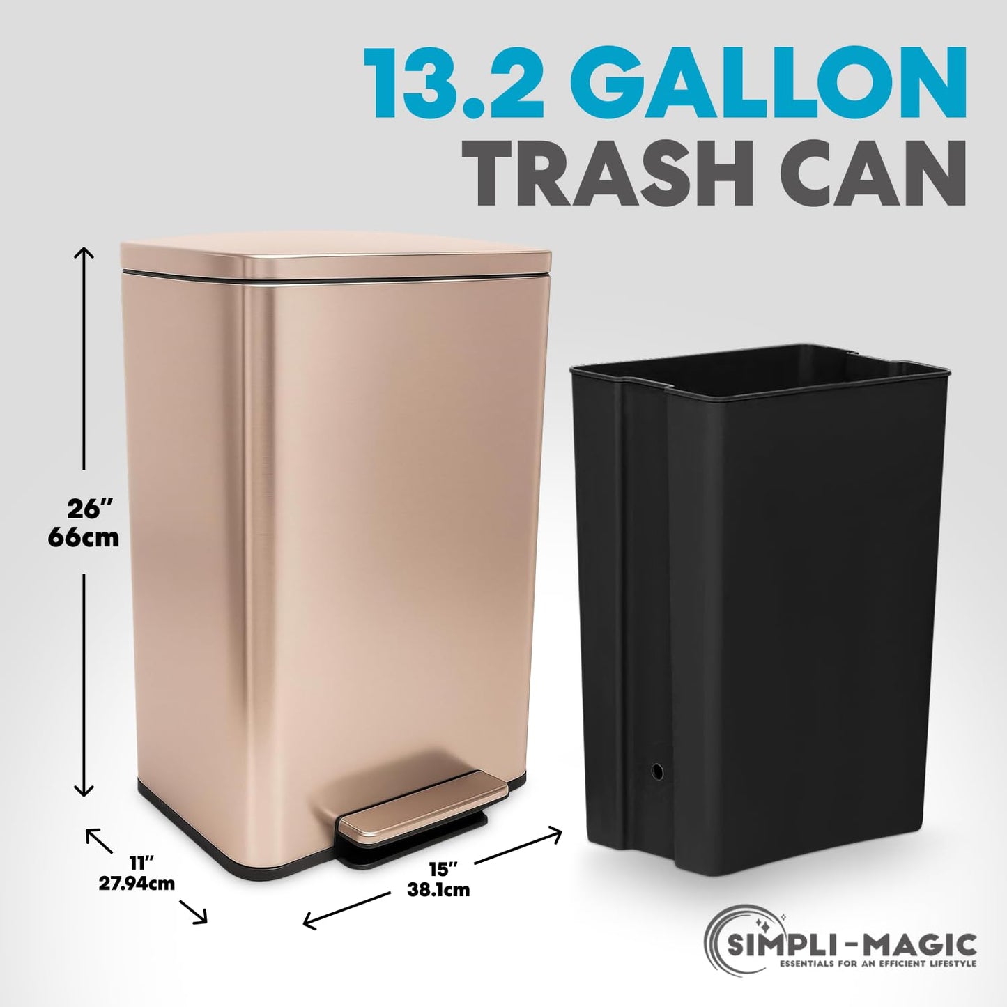 SIMPLI-MAGIC 13.2 Gallon (50L) Step Trash Can – Kitchen Garbage Can with Slow-Close Lid – Odor Control, Hands-Free, Easy to Clean, Brushed Stainless Steel (Rose Gold)