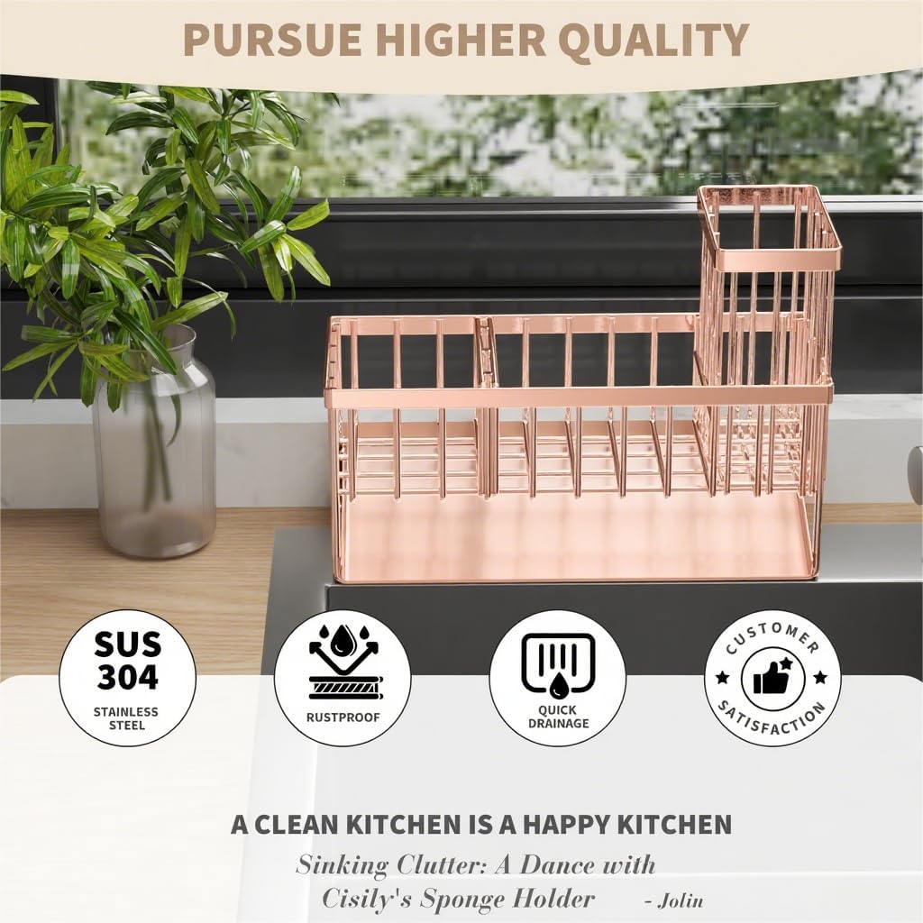 Cisily Sink Caddy Organzier with High Brush Holder, Sponge Holder for Sink, 304 Rustproof Stainless, Kitchen Countertop Soap Dispenser Organizer, Rose Gold Kitchen Decor and Accessories
