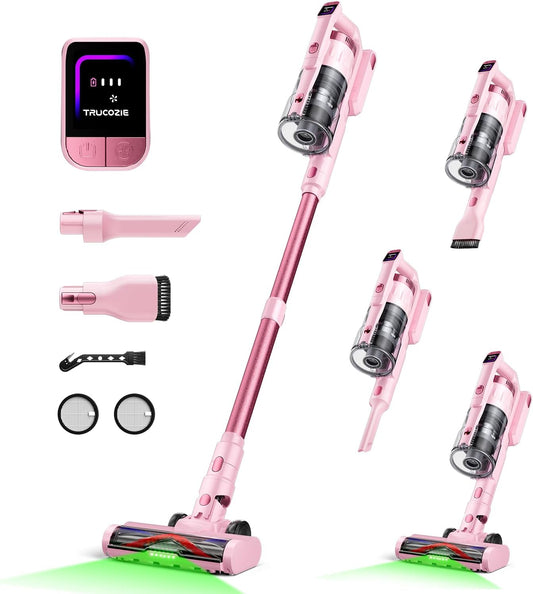 Cordless Vacuum Cleaner for Home, Upgraded 60Kpa Powerful Suction Pet Hair Vacuum with 70min Runtime, Green LED Light for Hardwood Floors & Carpet, Self-Standing Rechargeable Stick Vacuum, Pink