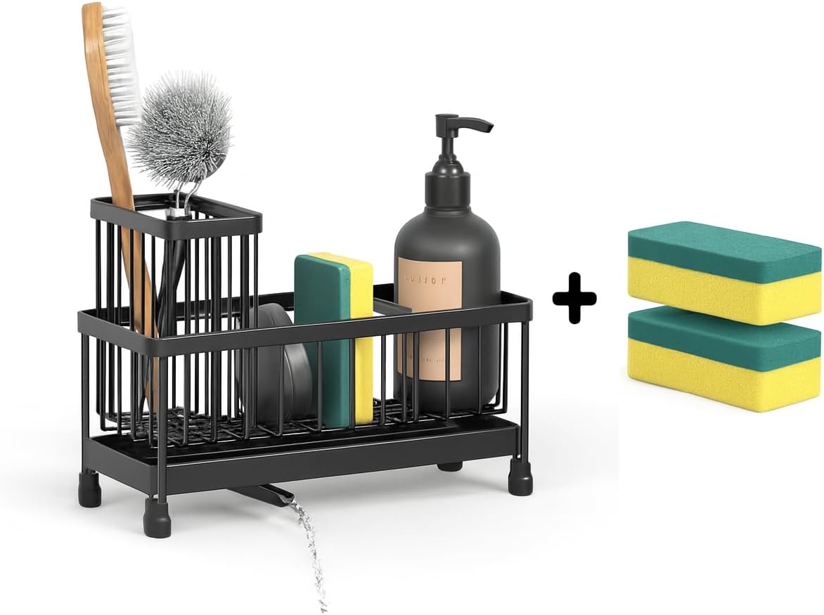 BSHG King Black Sponge Holder for Kitchen Sink, Sink Caddy Organizer with High Brush Holder, Kitchen Countertop Organizers and Storage Essentials,rustproof Stainless Steel(1Sink Caddy + 2 Sponges)