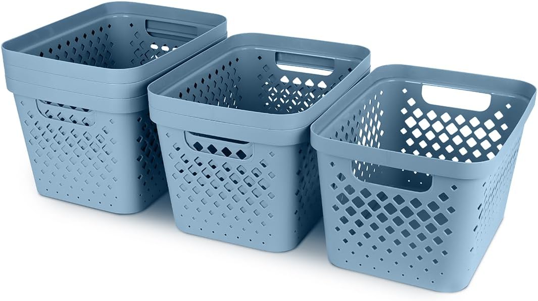 Glad Plastic Storage Basket Set, Value Pack of 6 | Open Storage Bins for Shelves, Bathroom, Pantry, Closet | Nesting Organizer Boxes with Handles, 4 Gallon, Marina Blue