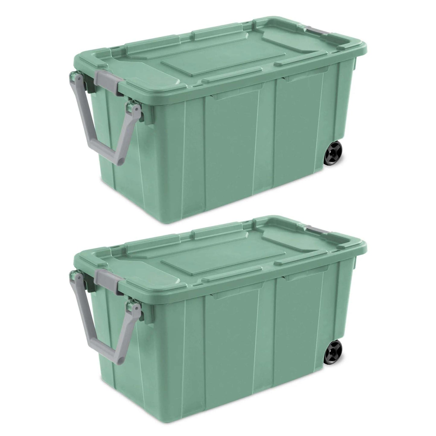 Ratiyae 40 Gallon Wheeled Industrial Tote, Rugged Plastic Storage Bin, Latch Lid, Light Green, 2