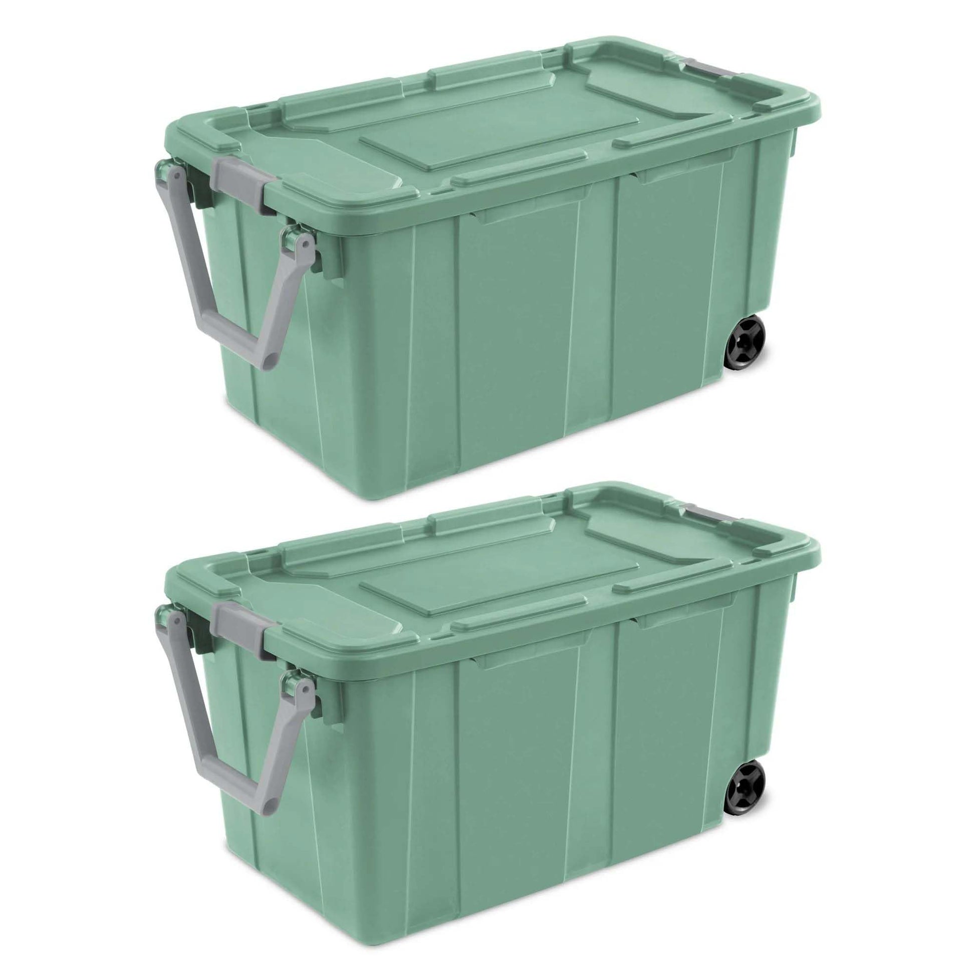 Ratiyae 40 Gallon Wheeled Industrial Tote, Rugged Plastic Storage Bin, Latch Lid, Light Green, 2
