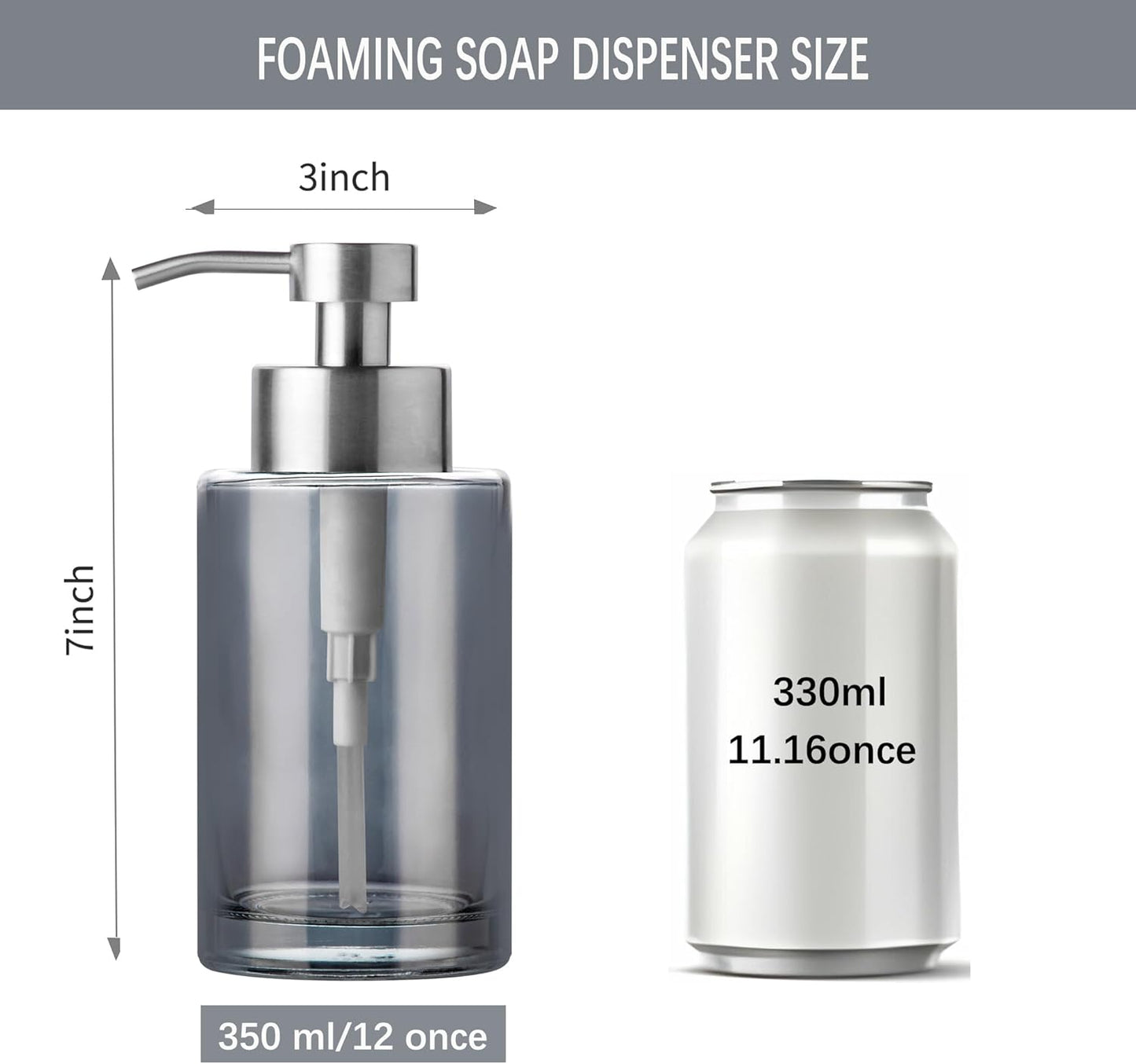 Enra Foaming Soap Dispenser, 12oz Thick Glass Body with Stainless Steel Pump, Bathroom & Kitchen (Silver Foam Dispenser)