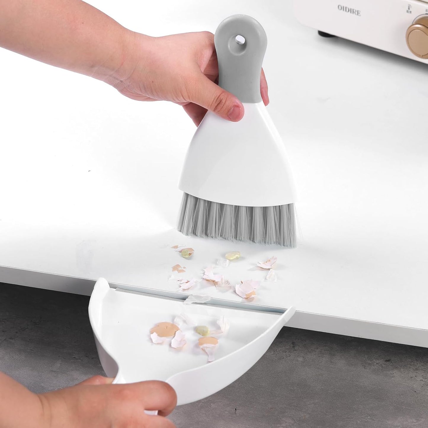 NACENA Mini Dustpan and Brush Set, Small Broom and Dustpan Set Dust Pan and Mini Hand Broom Dustpan and Broom Combo Compact for Home Table Keyboards Sofa Kitchen Pets, White & Gray