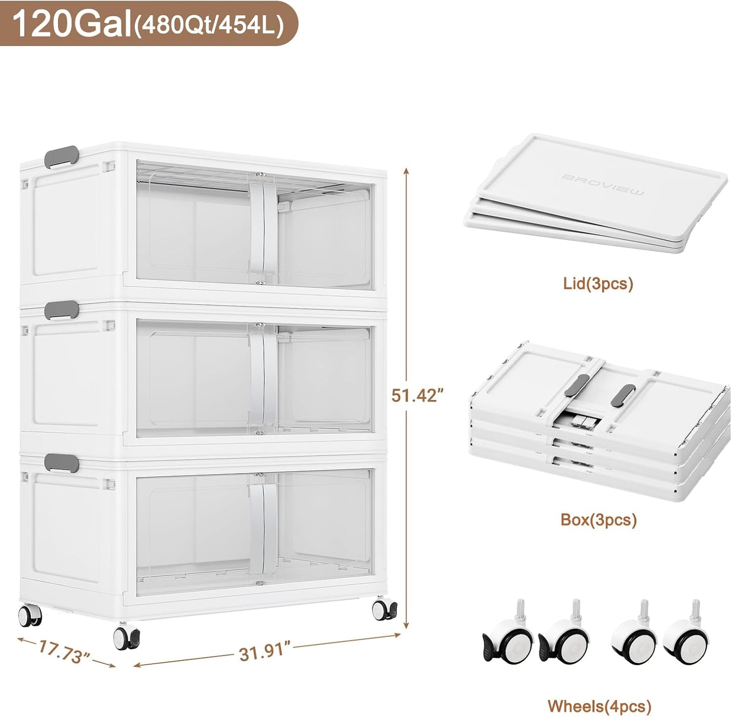 BROVIEW 480QT Stackable Storage Bins with Lids, 120Gal Extra Large Collapsible Storage Box with Wheel, Plastic Storages with Clear Door Open Front for Home Kitchen Garage, White-3pack(3 lids)