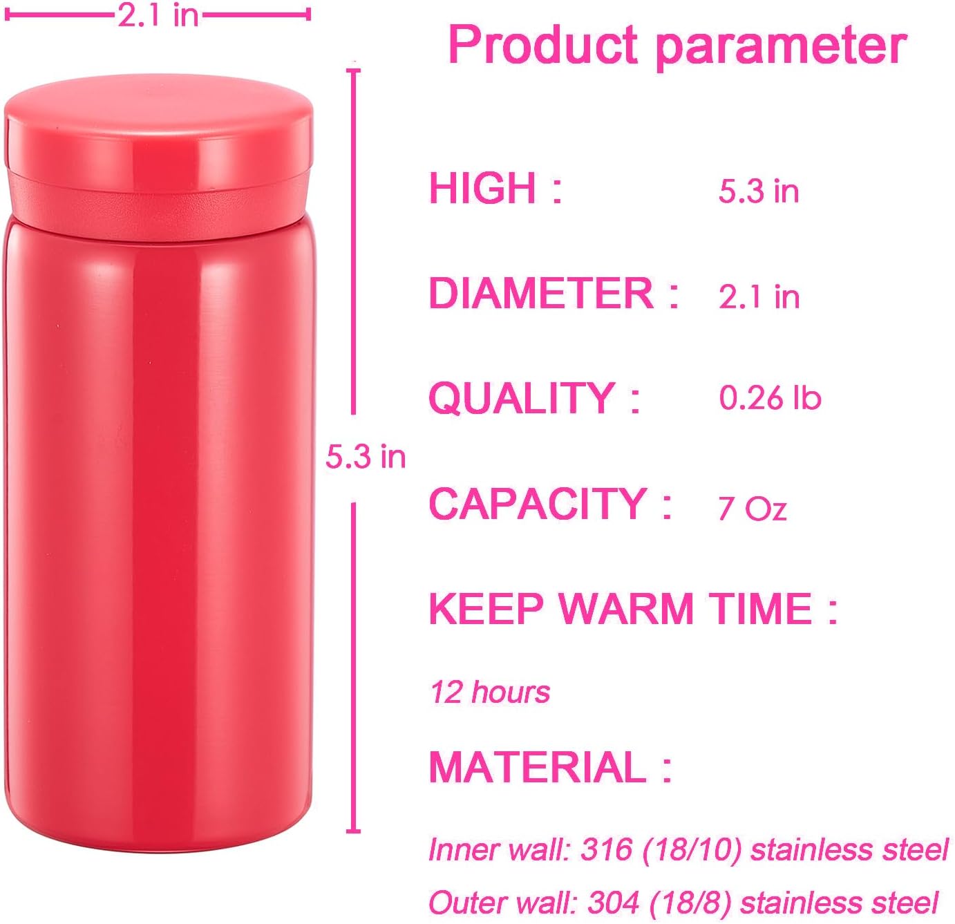 Mini Thermos Cute Water Bottle - 7 oz Tiny Insulated Vacuum 18/10 Stainless Steel Small Flask - Leak Proof & Spill Proof & Keeps Cold and Hot for Drink, Coffee, Tea - Rose Red