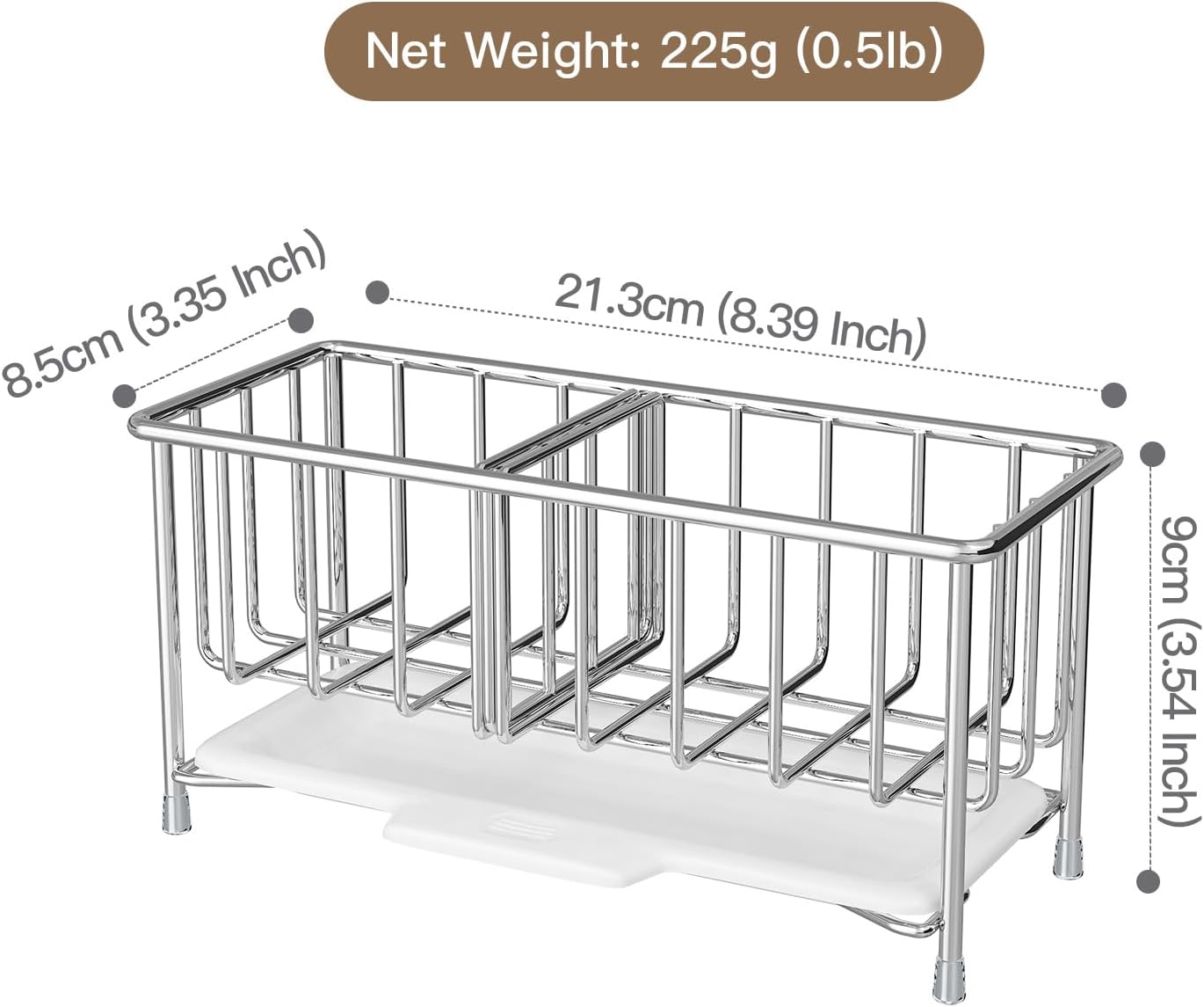 Kitchen Sink Sponge Holder, 304 Stainless Steel Soap Dispenser Caddy Organize, Kitchen Sink Brush Caddy Holder with Removable Drain Tray