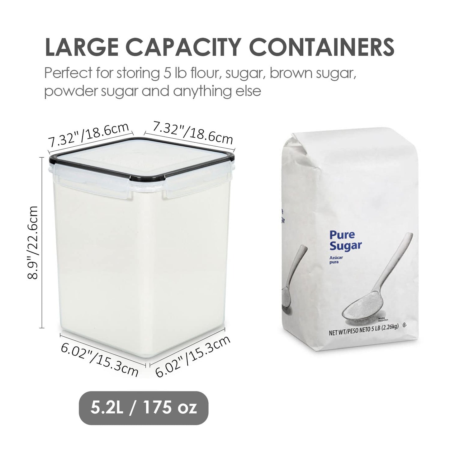 Vtopmart 5.2L Flour Sugar Storage Containers, 4 PCS, Black