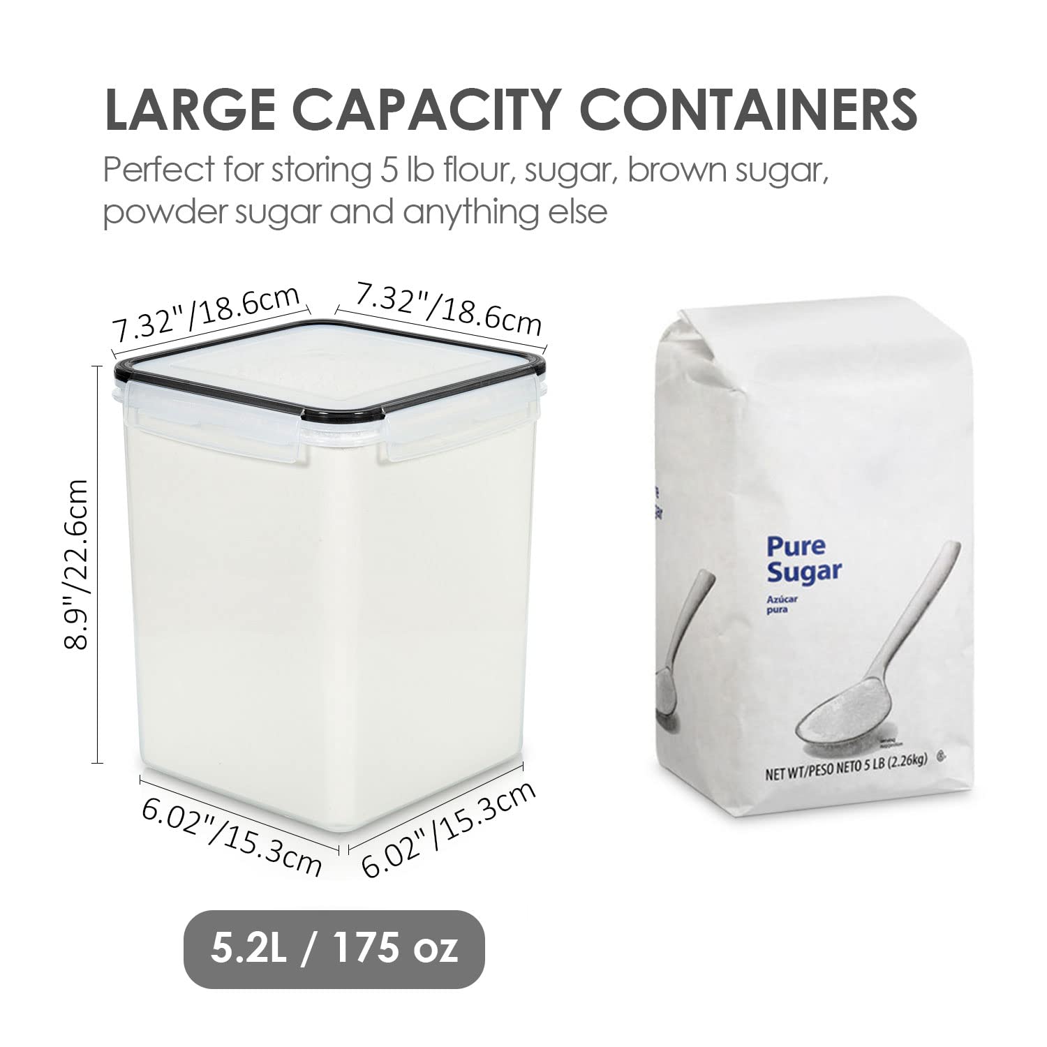 Vtopmart 5.2L Flour Sugar Storage Containers, 4 PCS, Black