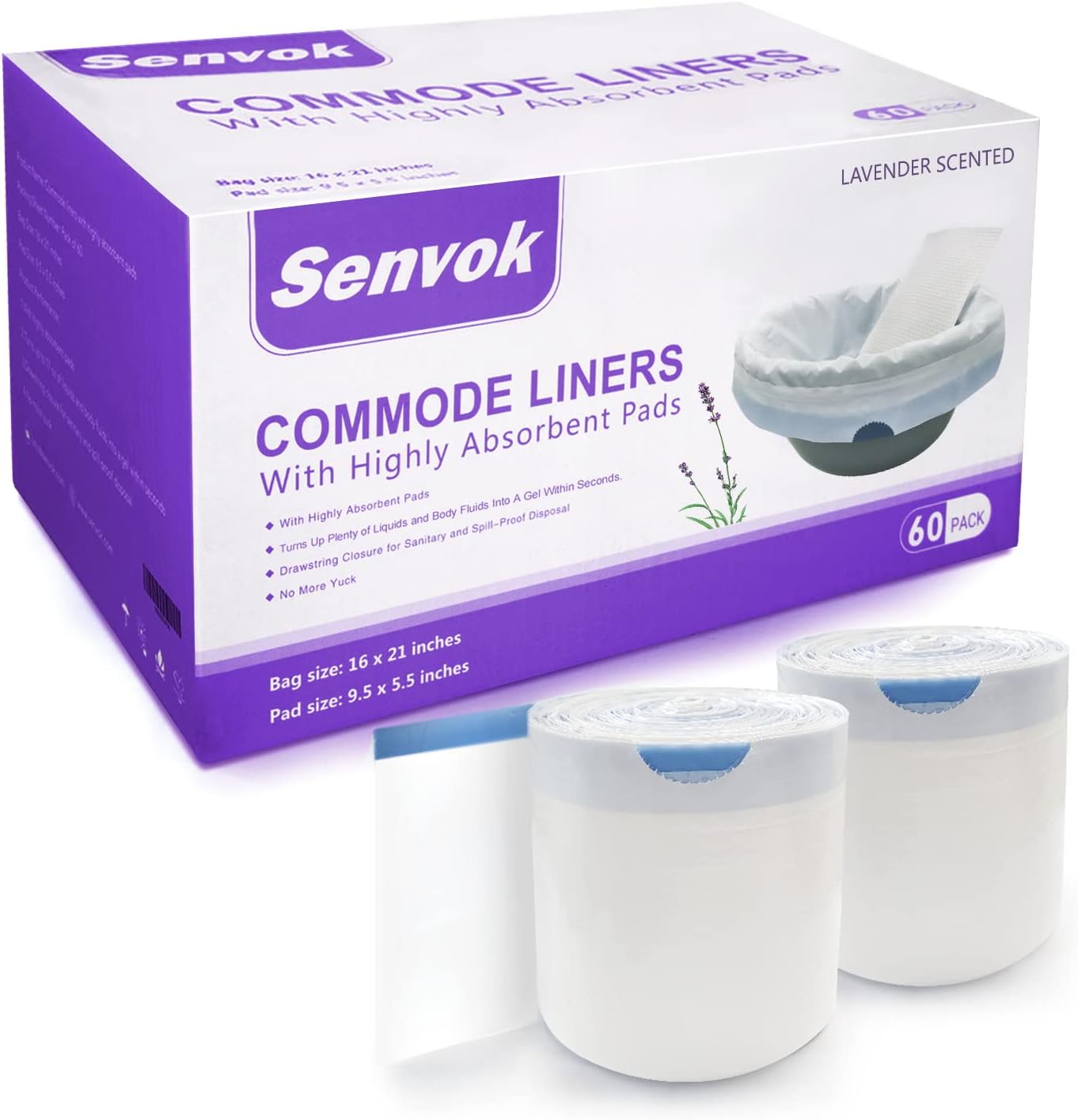 Senvok Commode Liners with Highly Absorbent Pads - 60 Pack | Lavender Scent | Leak-Proof Medical Grade Disposable Liners for Bedside Commode & Adult Toilet Care