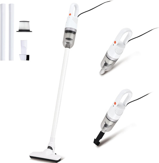 6-in-1 Lightweight Stick Vacuum Cleaner with 100W Powerful Motor, Mini Portable Household Handheld Vacuum Cleaner for Domestic Hard Floors, Carpets and Pet Hair(White Corded)