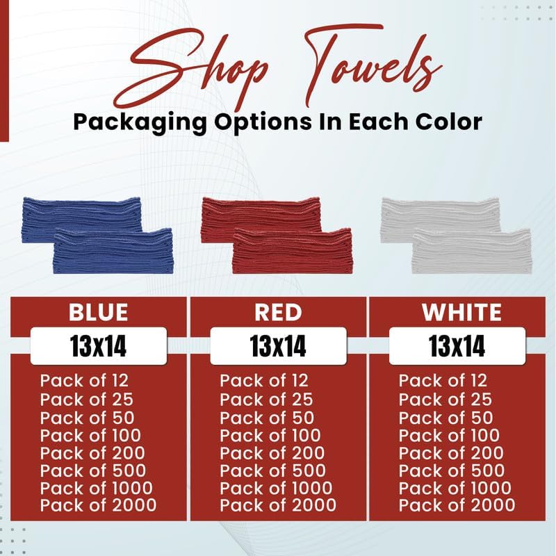 Shop Towels (Red, 200-Pack) - Bulk Cleaning Towel in a Bag, Mechanic Cotton Wipes for Car Maintenance, Auto Mechanics & Garage, Wipe Grease & Oil, Machine Wash & Reusable