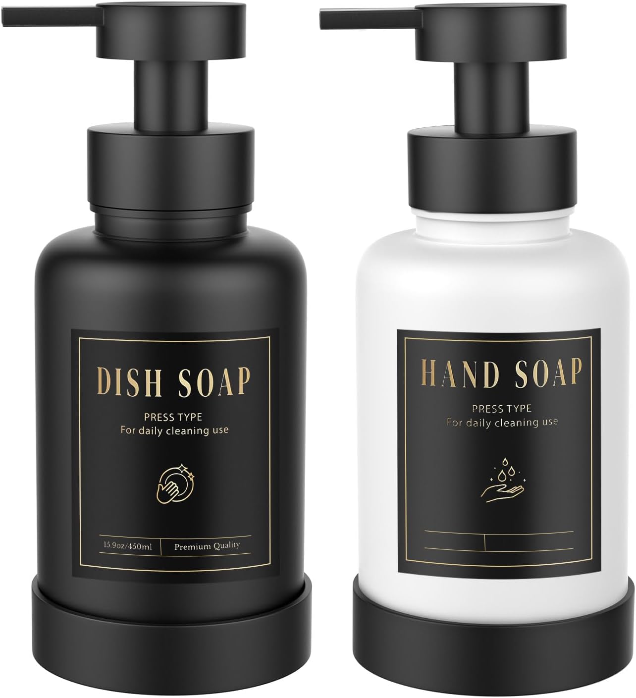 Luxspire Foaming Soap Dispenser, Glass Foam Pump Soap Dispenser, Non-Slip Silicone Sleeve & 5 Waterproof Labels, 15 Oz Refillable Liquid Bottle for Bathroom & Kitchen, Black+White, 2 Pack