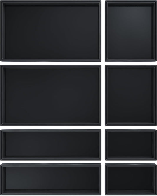 Bathroom Drawer Organizer Trays, Bamboo Drawer Organizer Kitchen Utensils Silverware Organizer, 8 PCS Wood Box Stackable Bins for Makeup, Office Desk, Junk Drawer (Black)