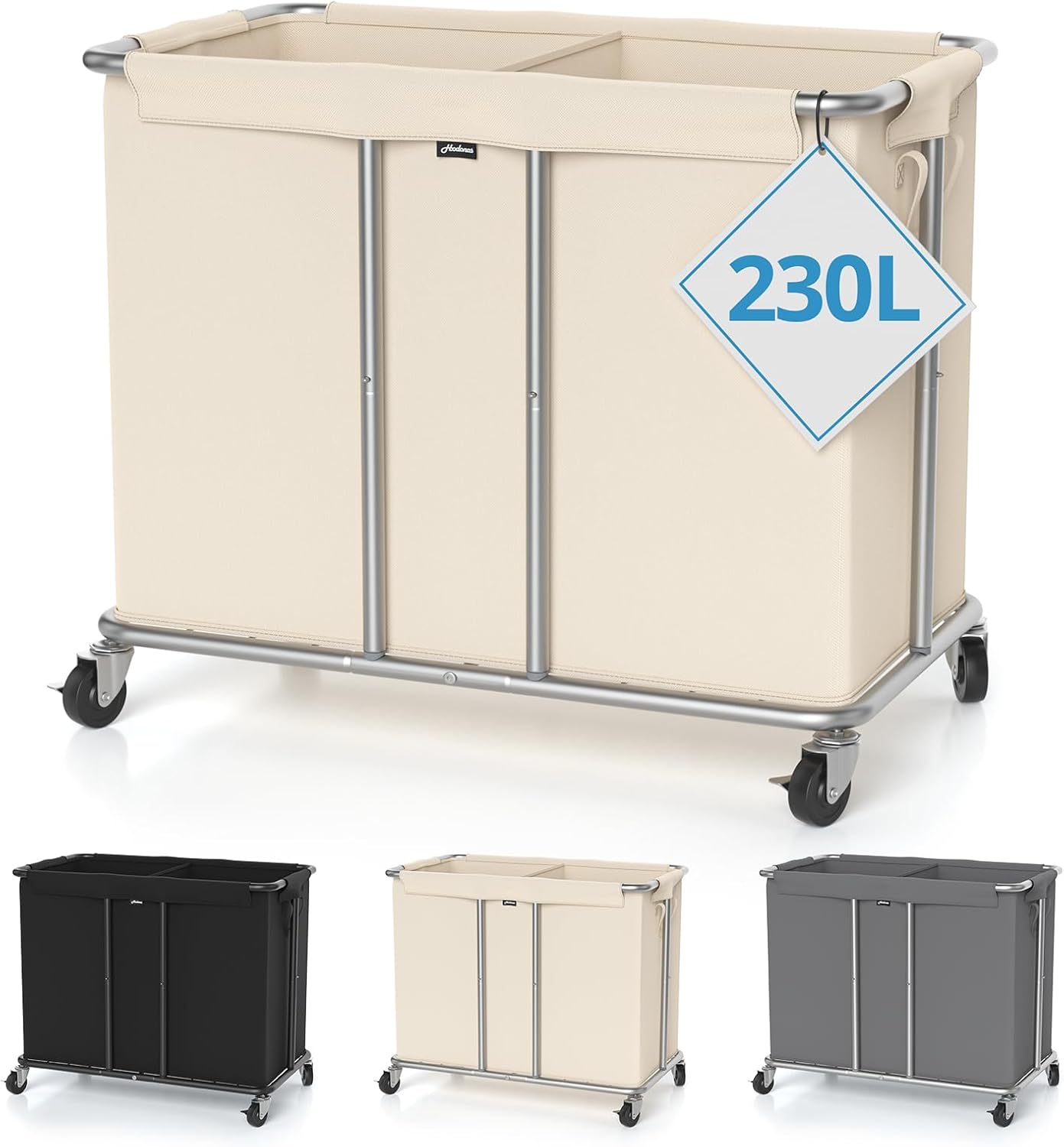 230L Rolling Laundry Hamper, 2-Section Laundry Basket with Wheels, 61 Gallons Laundry Sorter with Metal Structure and Removable Liner, Clothes Hamper for Laundry Room, Bathroom, Bedroom, Beige