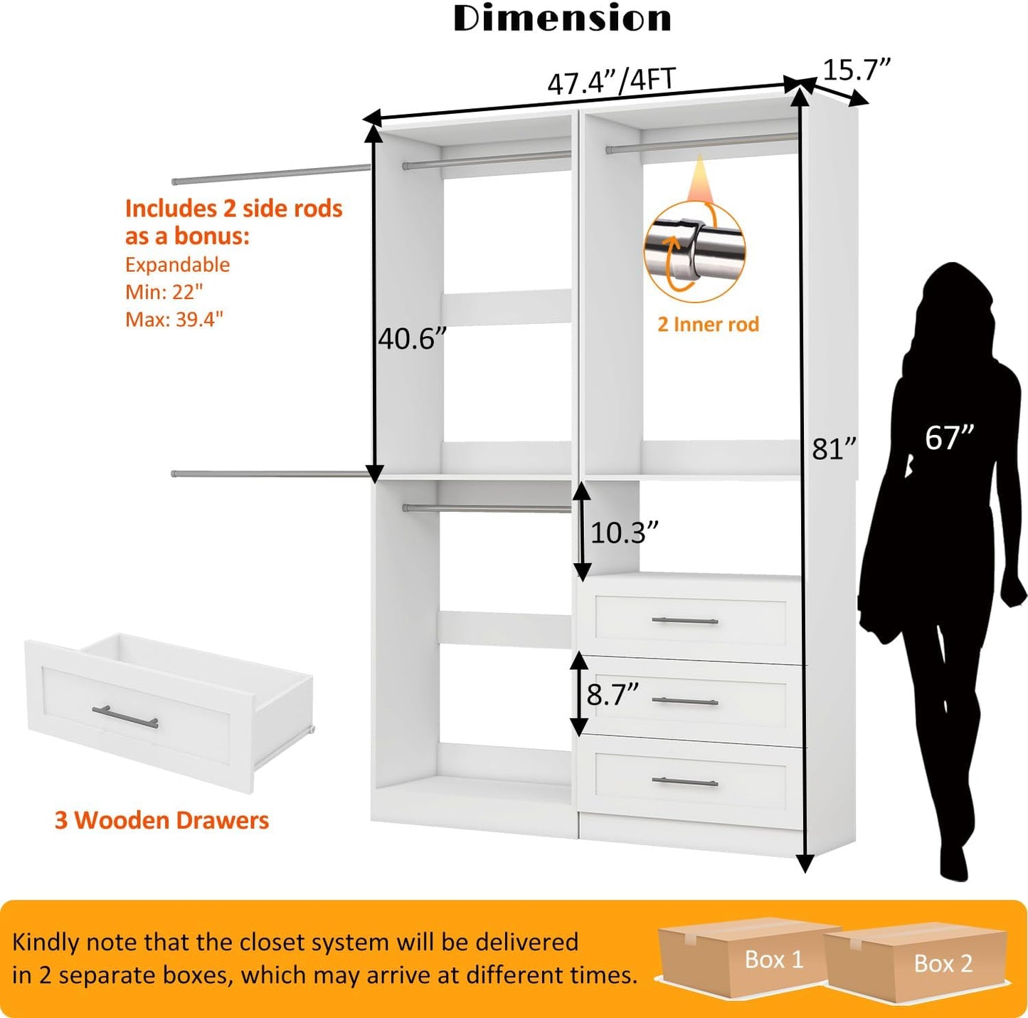Closet System with 2 Sets, 4FT Closet Organizer Systems with 3 Wooden Drawers & 5 Hanging Rods, Walk in Closet Standalone Corner Closet System Modular Closet System Set White (4FT)