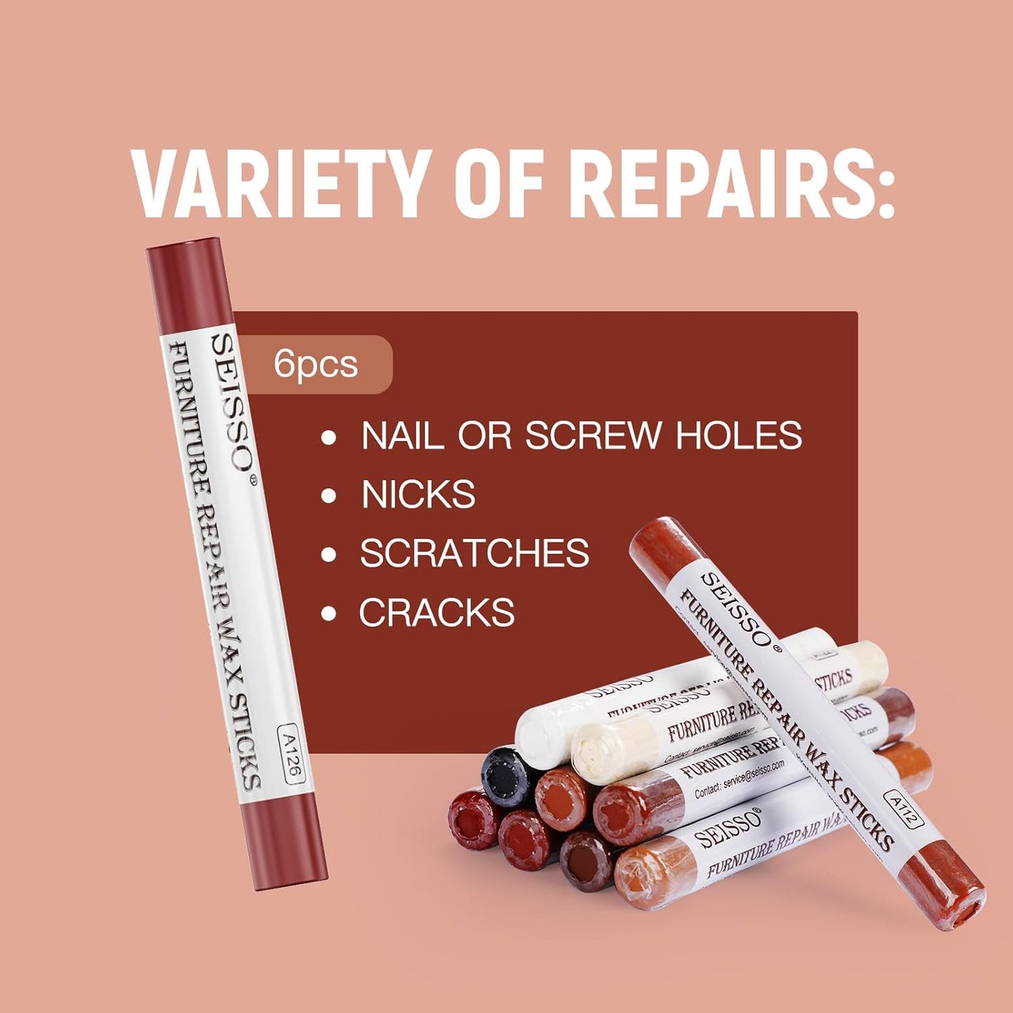 SEISSO Wood Filler Sticks- 6 Pcs, Furniture Repair Wax Crayons, Furniture Marking Repair - Scratch, Cracks, Hole, Table, Wood Floor, Guitar - Crimson Rose