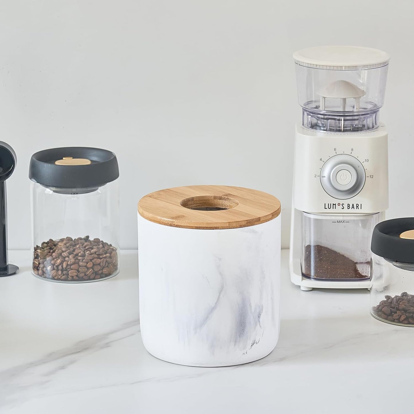 Polytree Marble White Mini Trash Can with Bamboo Lid,Small Countertop Trash Can,Desk Trash Can,Table top Mini Garbage Cans,Resin Tiny Waste Basket