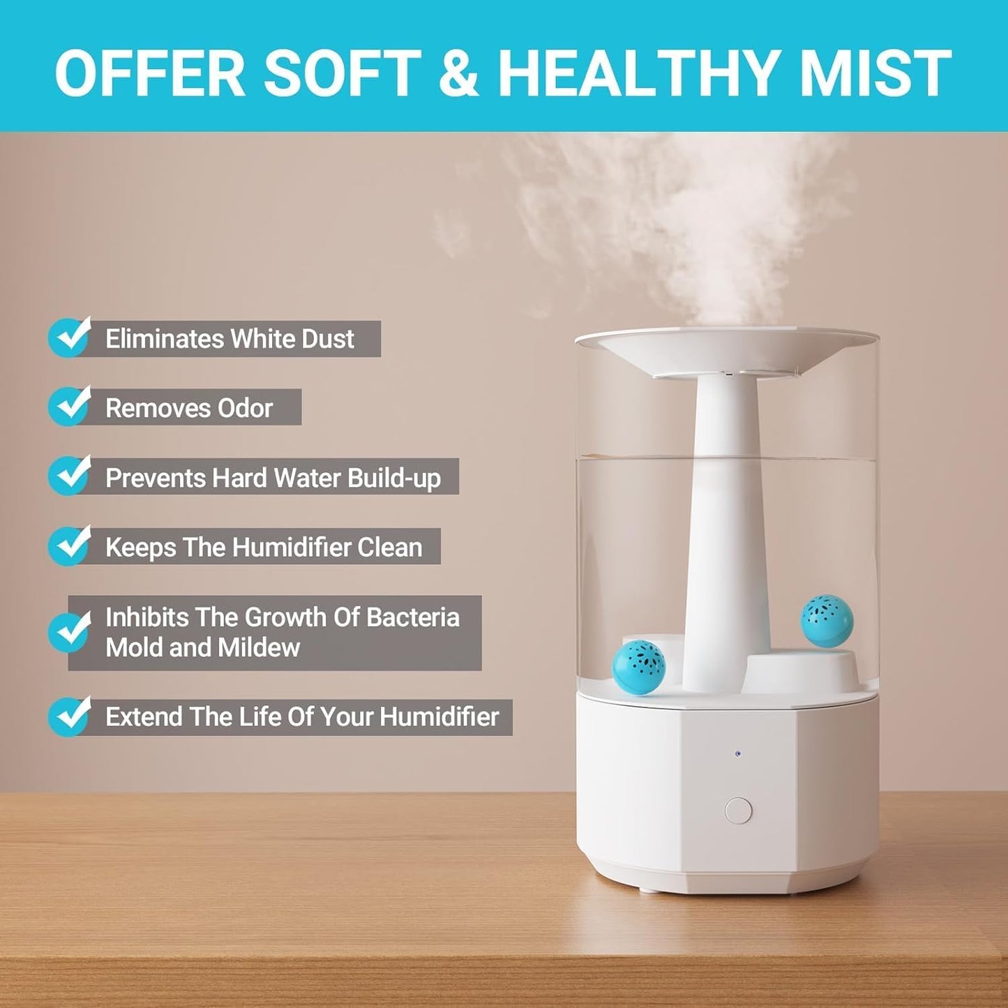 Humidifier Cleaning Ball ??Fights Mold & Odor, Prevents Hard Water Build-Up, Eliminates White Dust, For All Humidifiers & Fish Tanks