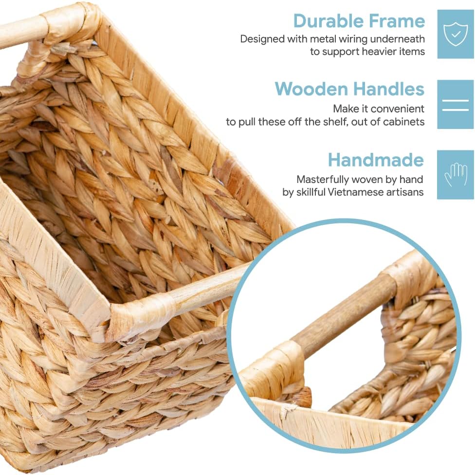 Small Wicker Baskets for Organizing Bathroom, Hyacinth Baskets for Storage, Wicker Storage Basket with Wooden Handle, Decorative Small Basket 10 x 7.5 x 6.3 inches - 3 Pack