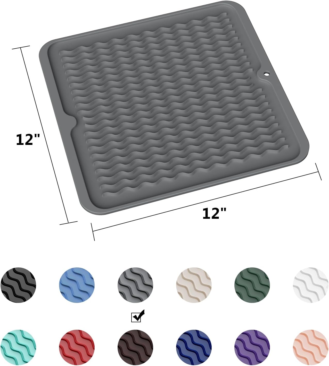 ZLR Silicone Dish Drying Mat for Kitchen Counter, Eco-Friendly Fast Dry Dish Mat, Easy Clean Multi Usage Drying Matt, Heat Resistant Trivet, 12" x 12" Middle, Dark Gray
