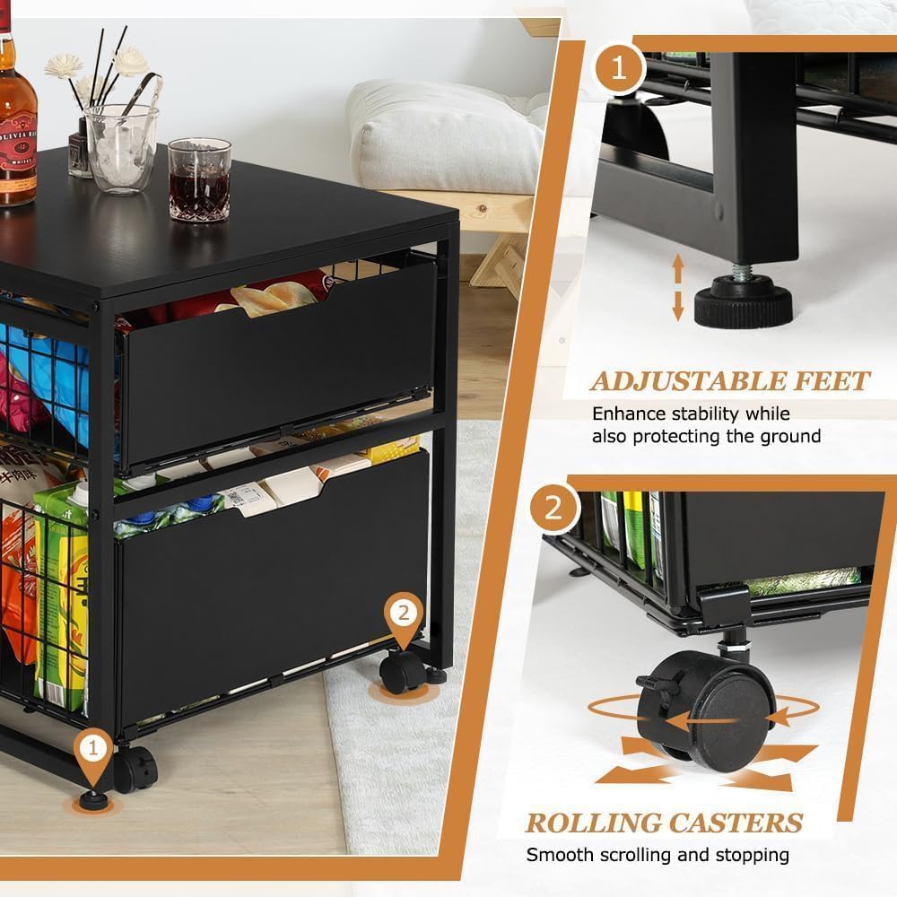 Mini Fridge Stand with Storage Drawer, 21.7”x21.7” Heavy Duty Mini Fridge Table with Wheels, Rolling Beverage Cart with Basket for Home, Office, Bedroom